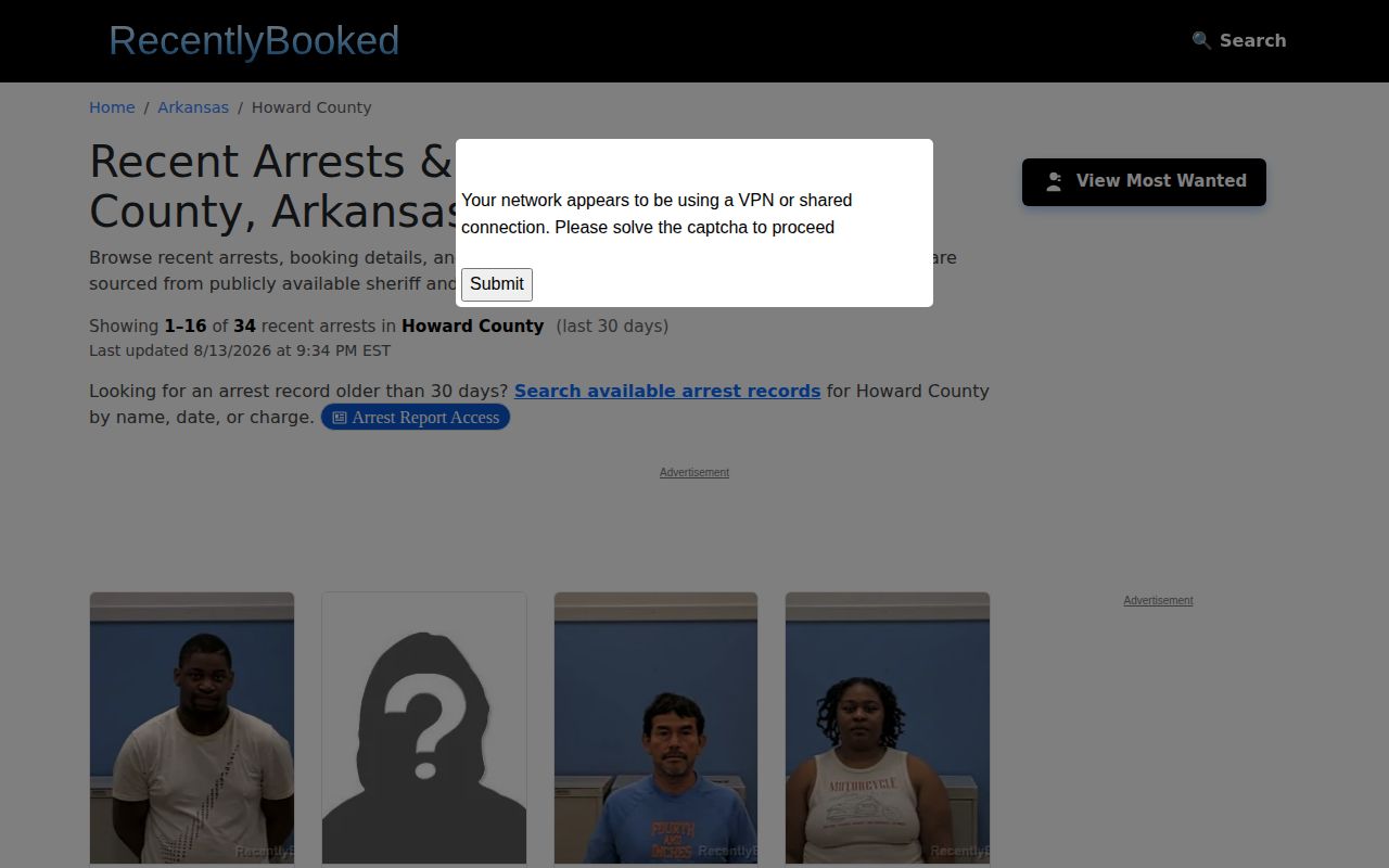 Howard County unofficial recent booking record interface with mugshot cards